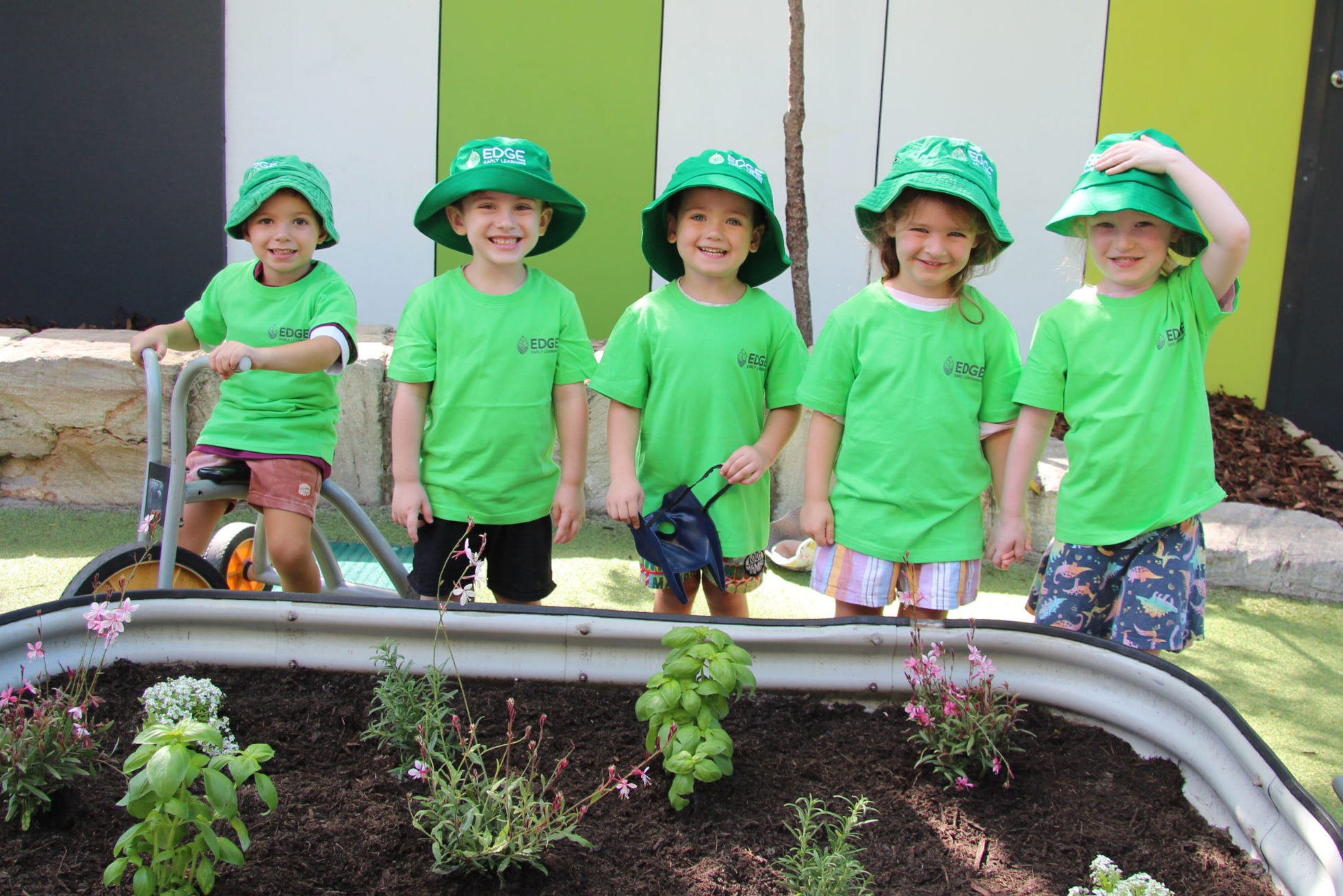 Five Kindergarten children standing behind a herb garden at Ferny Grove daycare centre.