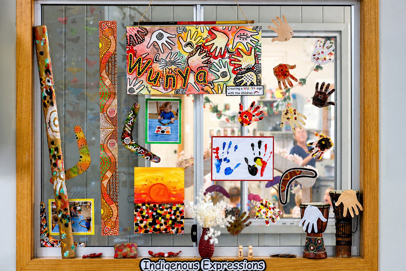 Window filled with Indigenous artworks at Edge Peregian Breeze childcare centre.