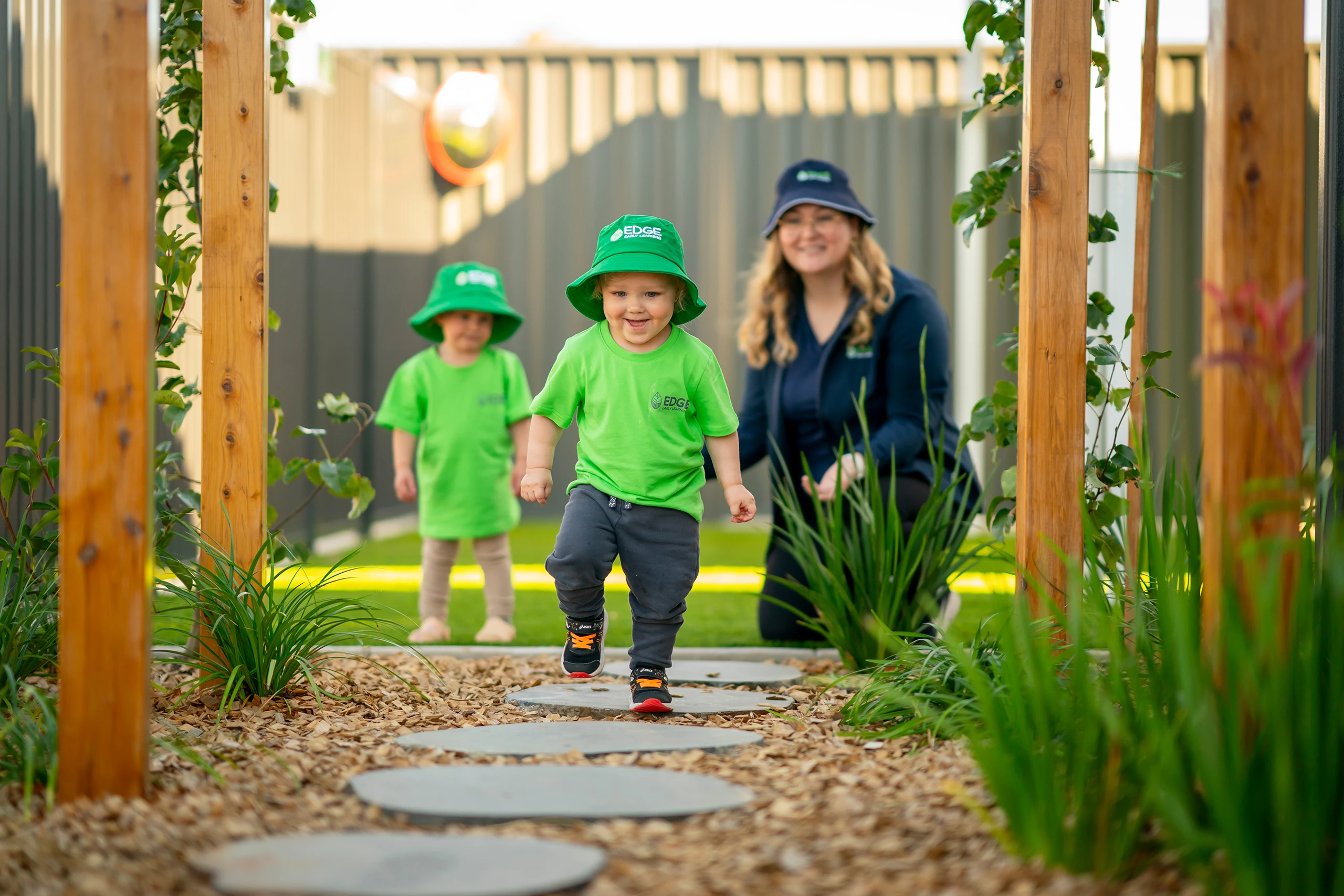 Child running between stepping stones at Edge Early Learning Strathalbyn - Breamar Dr.
