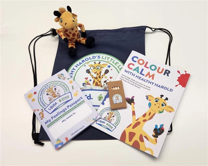 Life Ed's Harolds Little Learners pack including a soft toy giraffe, bag, my feelings passport, and a calmness colouring book.